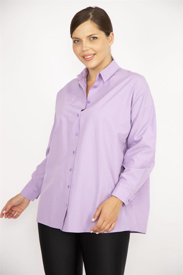 Kadın Büyük Beden Lila Ön Düğmeli Uzun Kollu Gömlek 65N36800