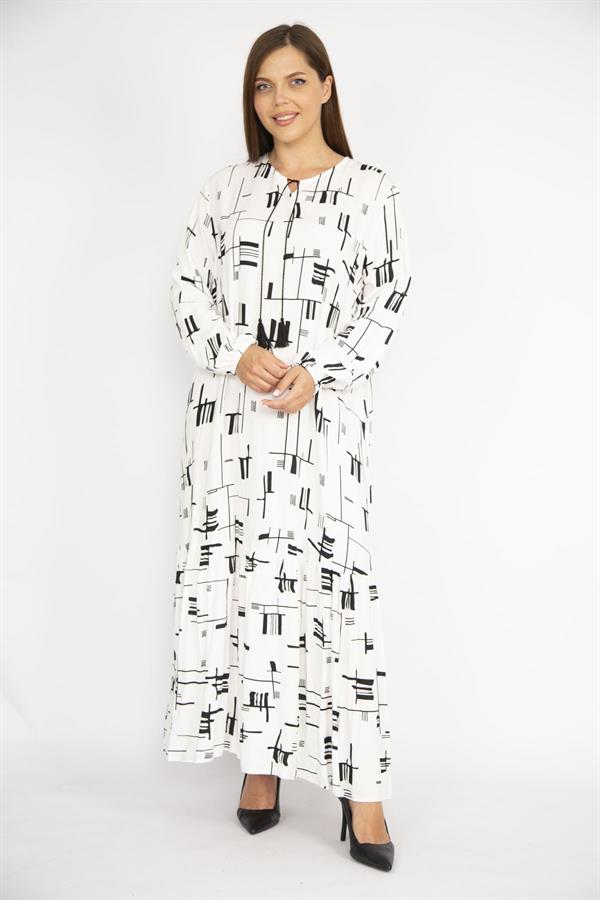 Kadın Beyaz Büyük Beden Dokuma Viskon Kumaş Etek Ucu Katlı Uzun Kollu Elbise