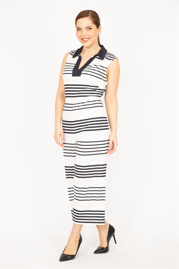 Kadın Lacivert Büyük Beden V Ayakalı Arkası Gizli Fermuarlı Tulum