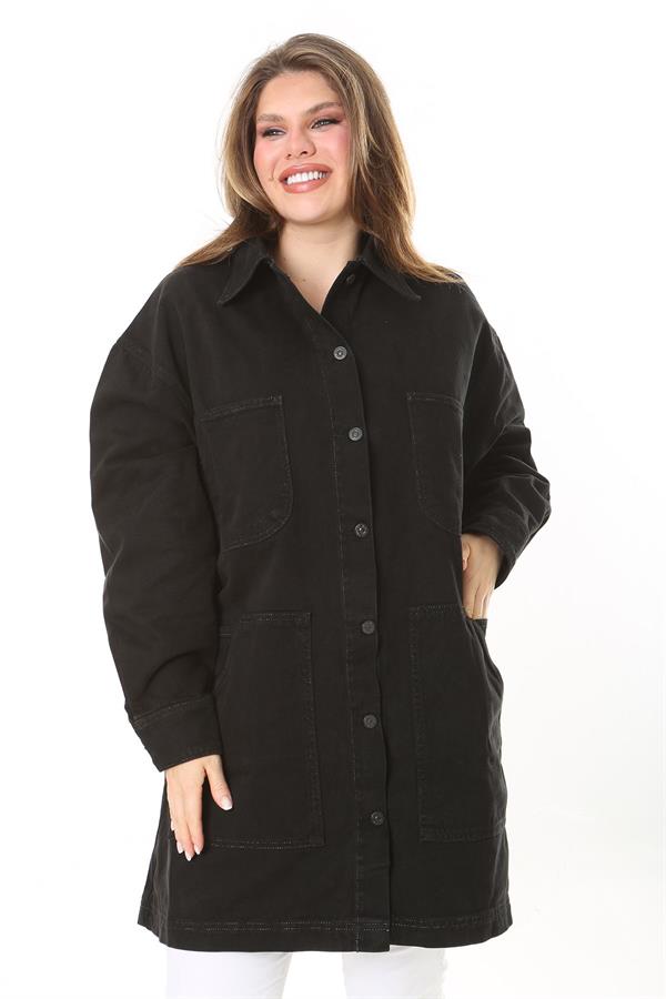 Kadın Büyük Beden Siyah 4 Cepli Rahat Kesim Uzun Kot Mont 65N37893