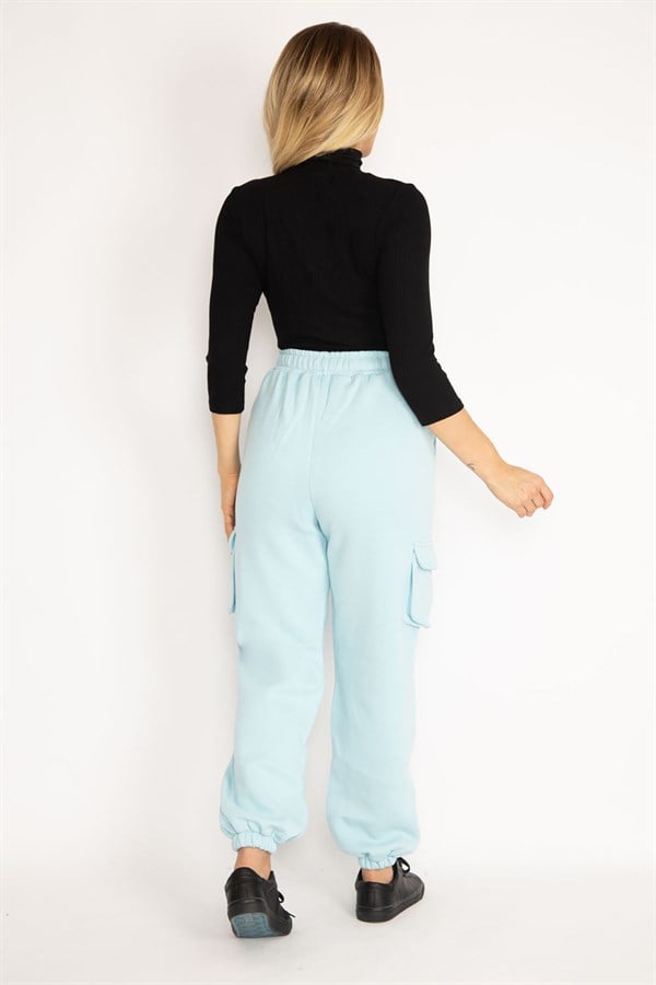 Kadın Mavi İçi Şardonlu 3 İplik Kargo Cepli Eşofman Alt 65N35097