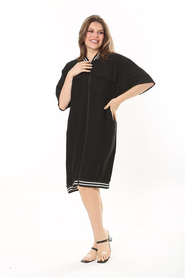 Kadın Büyük Beden Nar Ön Fermuarlı Ribana Detaylı Aerobin Kumaş Elbise 65N37880