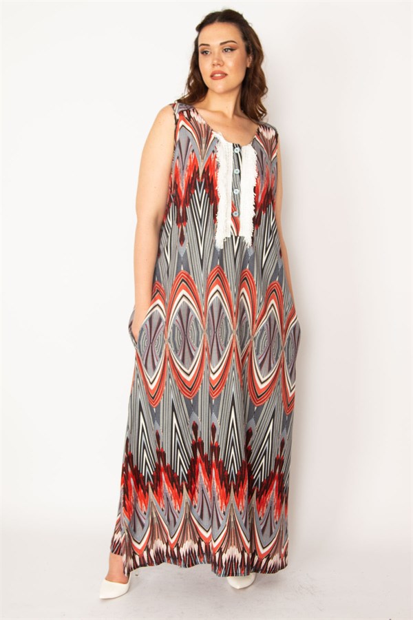 Kadın Gri Ön Pat Düğme Ve Dantel Detaylı Javanez Viskon Elbise 65N33208