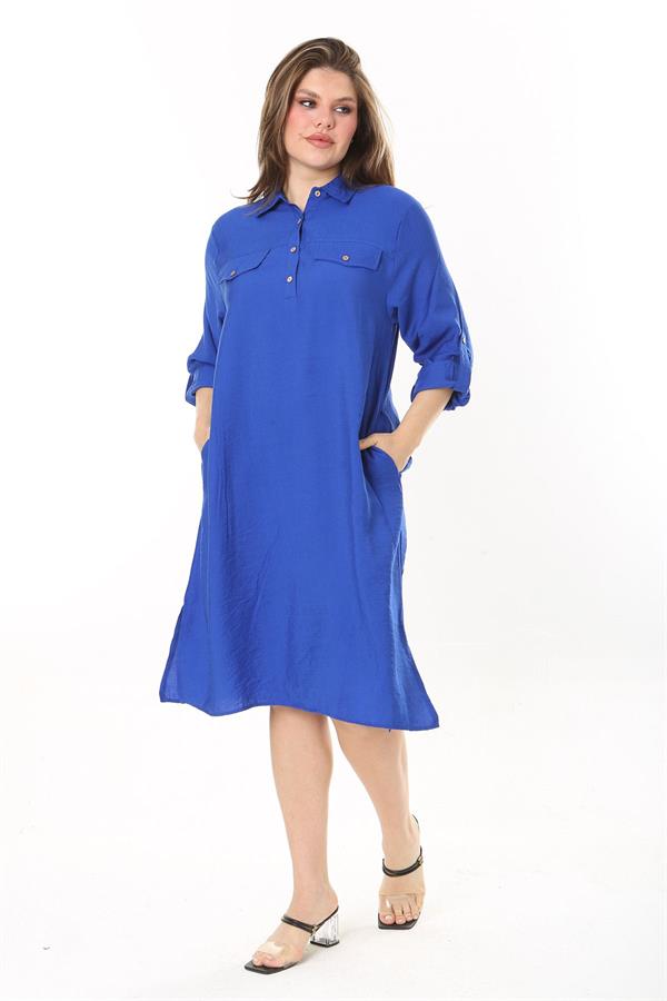 Kadın Büyük Beden Nar Ön Pat Düğmeli Süs Göğüs Cepli Kol Boyu Ayarlı Elbise 65N37871