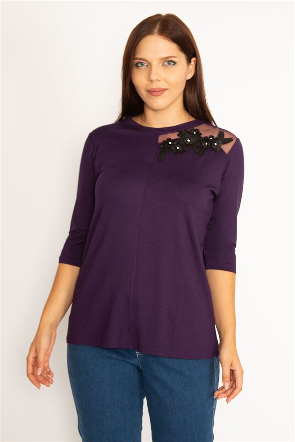 Kadın Mor Aplike Ve Tül Detaylı Bluz 65N34575