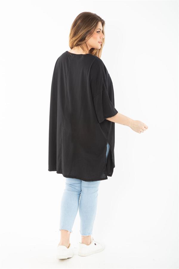 Kadın Büyük Beden Siyah Sim Detaylı Yan Yırtmaçlı Bluz 65N37452