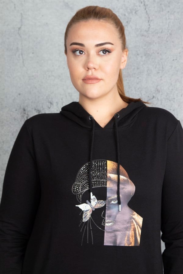 Kadın Siyah Ön Baskı Ve Taş Detaylı Kapşonlu Sweatshirt 65N18832