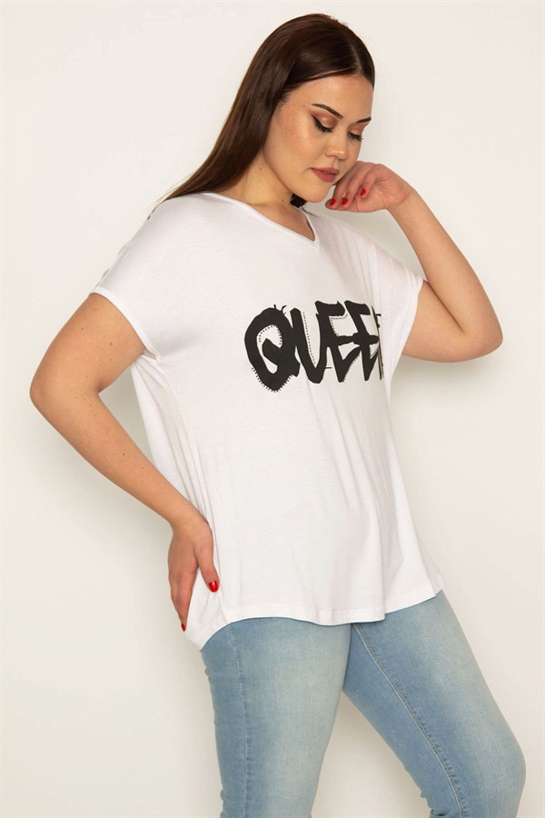 KADIN BEYAZ BASKI VE TAŞ DETAYLI V YAKALI DÜŞÜK KOLLU VİSKON BLUZ