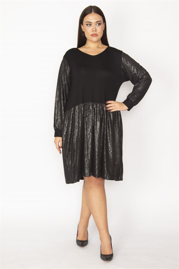 Kadın Siyah Etek Kısmı Ve Kolları Lak Detaylı Viskon Elbise 65N29932