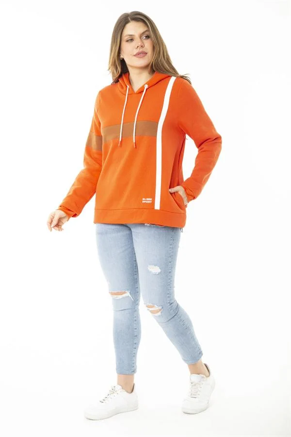 Kadın Büyük Beden Oranj İçi Şardonlu İki İplik Kapşonlu Sweatshirt 65N37163