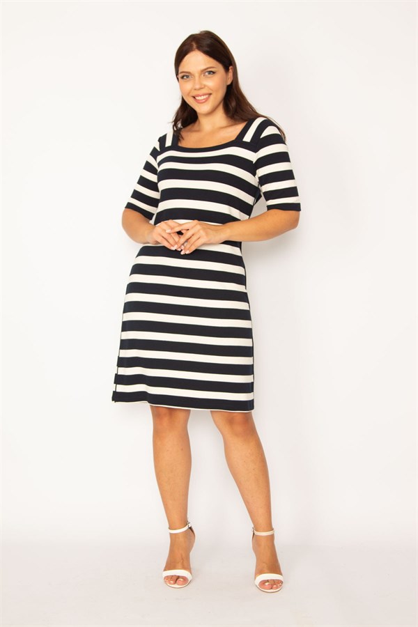 Kadın Lacivert Kare Yaka Çizgili Elbise 65N34177