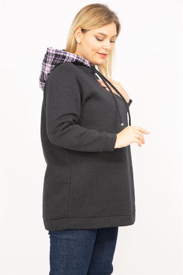 Kadın Füme Büyük Beden 3 İplik İçi Şardonlu Kapşonlu Sweatshirt 65N35750