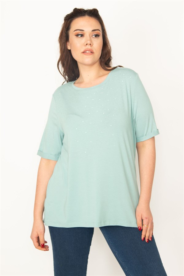 KADIN YEŞİL ÖNÜ TAŞ DETAYLI DUBLE KOL BLUZ