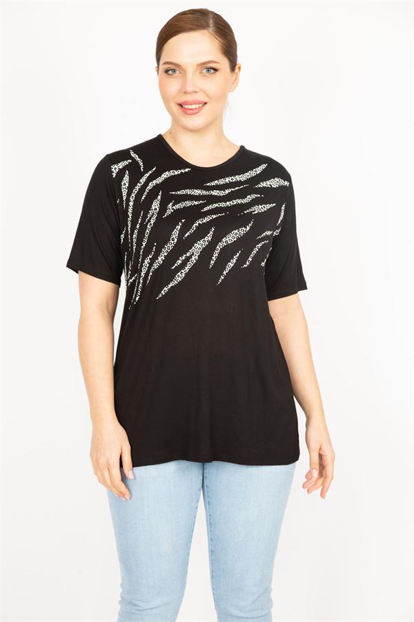 Kadın Saks Büyük Beden Bisiklet Yakalı Ön Baskılı Bluz