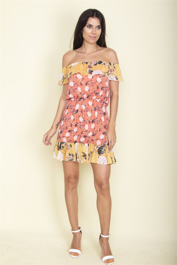 WOMEN'S SALMON FLORAL PATTERNED FLOORN DETAILED LINED DRESS