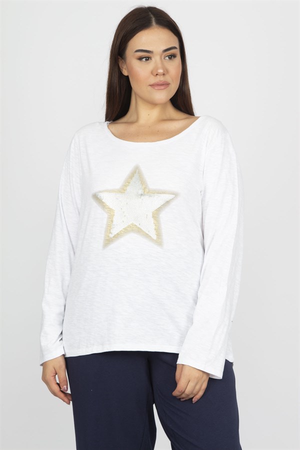 KADIN KEMİK PAMUKLU KUMAŞ PAYET VE BASKI DETAYLI BLUZ