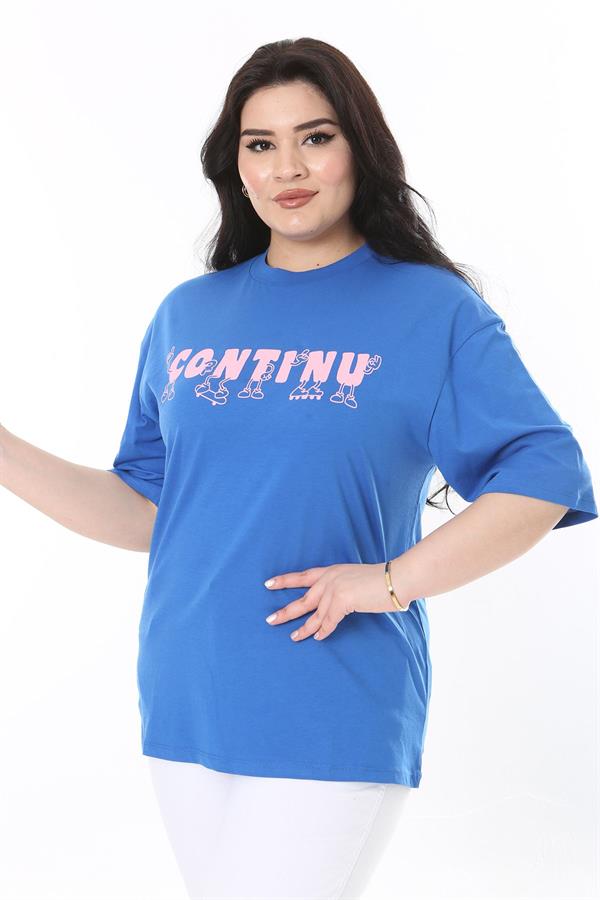 Kadın Büyük Beden Saks Pamuk Kumaş Ön Baskılı Kısa Kollu Bluz 65N38008