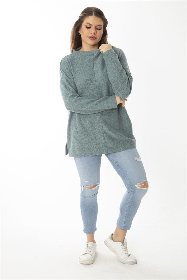 Kadın Büyük Beden Yeşil Yün Viskon Kumaş Sıfır Yakalı Yan Yırtmaçlı Tunik 65N37019