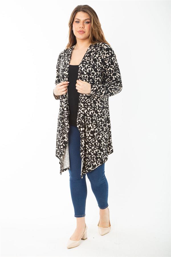 Kadın Büyük Beden Siyah Uzun Kollu Desenli Viskon Hırka 65N37429