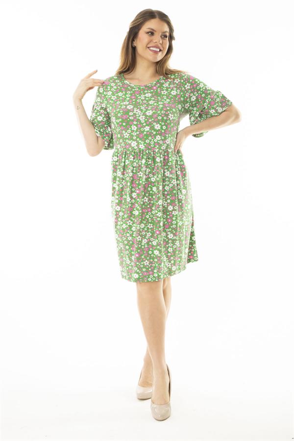Kadın Büyük Beden Yeşil Kol Ağzı Volanlı Belden Büzgülü Çiçek Desenli Elbise 65N37079