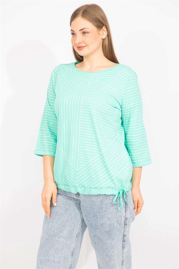 Kadın Lacivert Büyük Beden Pamuklu Kumaş Çizgi Kombinli Bluz 65N35571