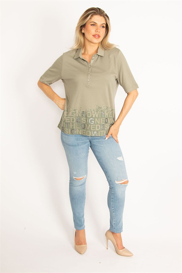Kadın Haki Polo Yaka Pat Düğmeli Sim Ve Taş Detaylı Bluz 65N34521