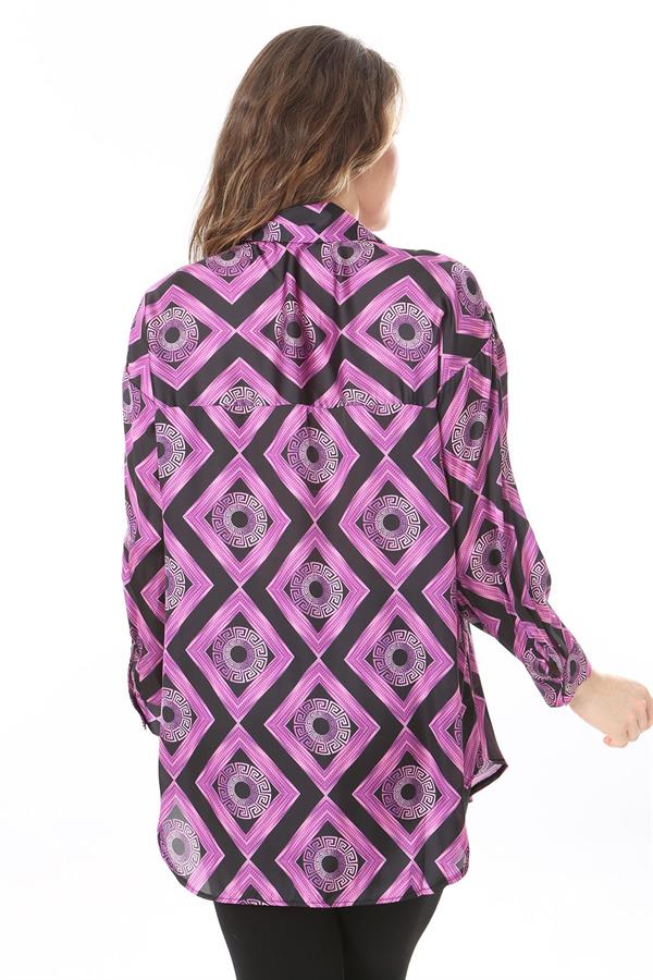 Kadın Büyük Beden Pembe Ön Düğmeli Saten Bluz 65N38017