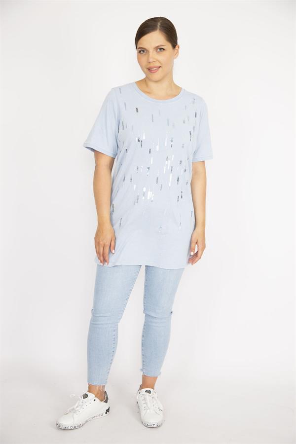 Kadın Büyük Beden Bebe Mavisi Payet Ve Taş İşli Bisiklet Yakalı Bluz