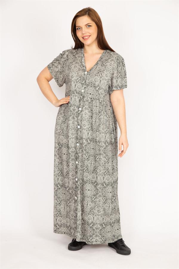 Kadın Siyah Büyük Beden Ön Boy Düğmeli Cepli Uzun Elbise