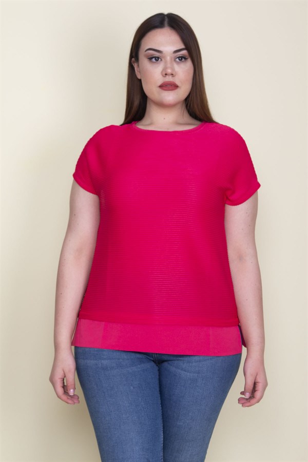 Kadın Fuşya Etek Ucu Düz Krep Düşük Kollu Kendinden Çizgili Bluz 65N26139