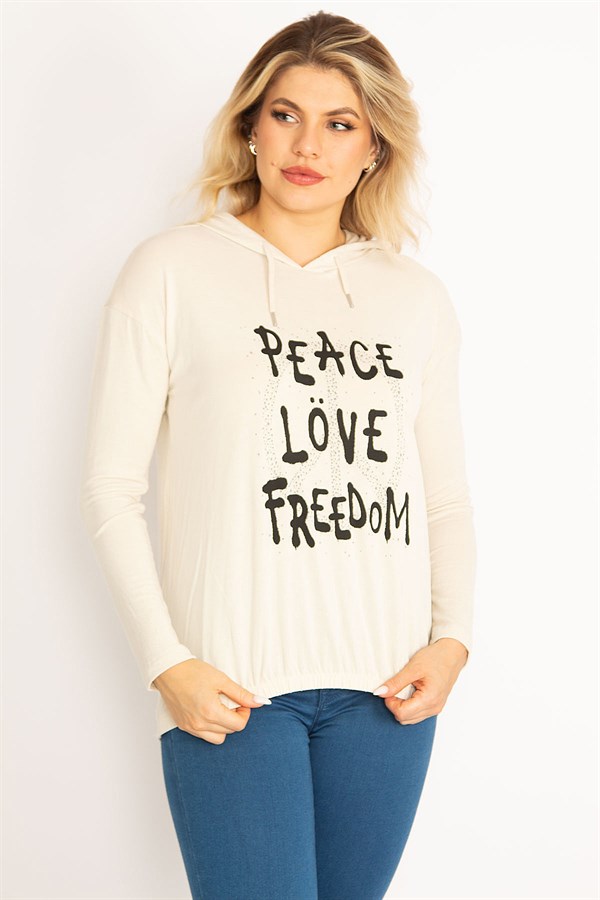 Kadın Bej Ön Baskılı Kapşonlu Etek Ucu Lastikli Bluz 65N34600