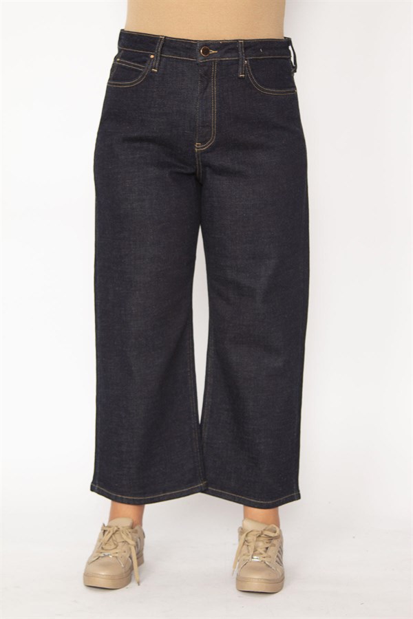 Kadın Lacivert Geniş Paçalı Yüksek Bel 5 Cepli Likralı Kot Pantolon 65N29279