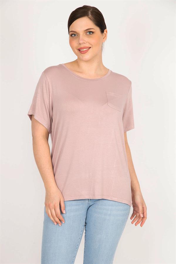 Kadın Pudra Büyük Beden Bisiklet Yaka Peto Cepli Bluz