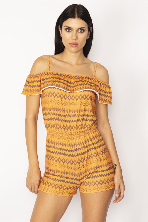 KADIN ORANJ VOLAN DETAYLI İP ASKILI KISA ŞORTLU TULUM