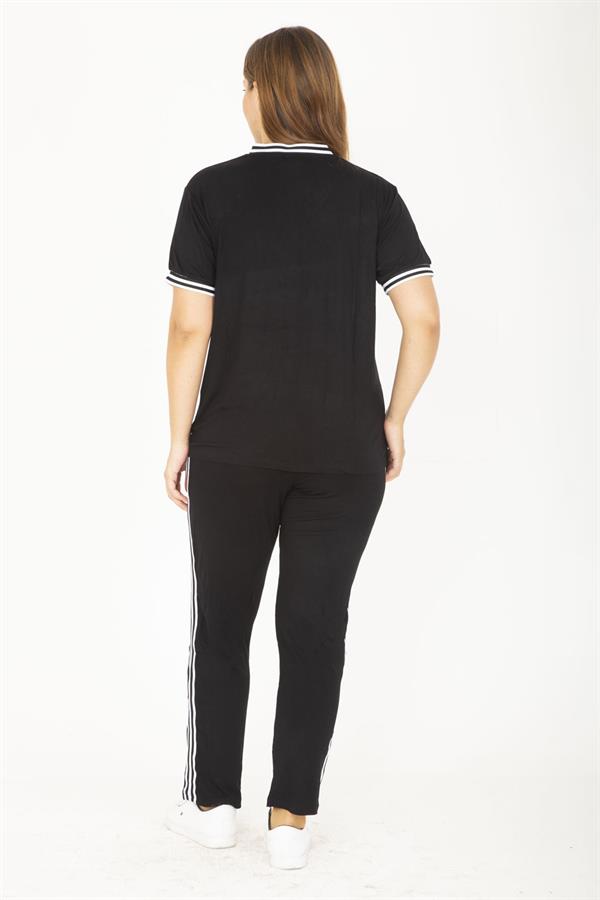 Kadın Büyük Beden Lacivert Ribanall Kısa Kollu Bluz Pantolon Eşofman Takım 65N36811