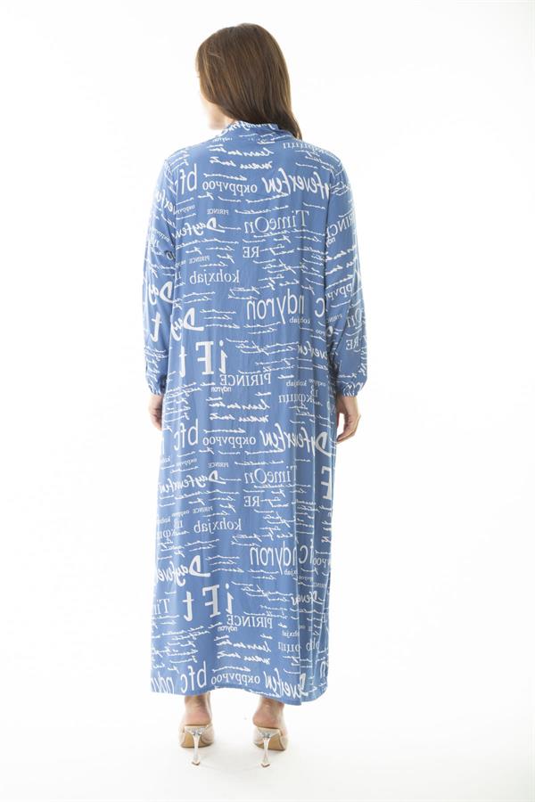 Kadın Büyük Beden Mavi Dokuma Viskon Kumaş Ön Boy Düğmeli Uzun Kollu Elbise 65N36872