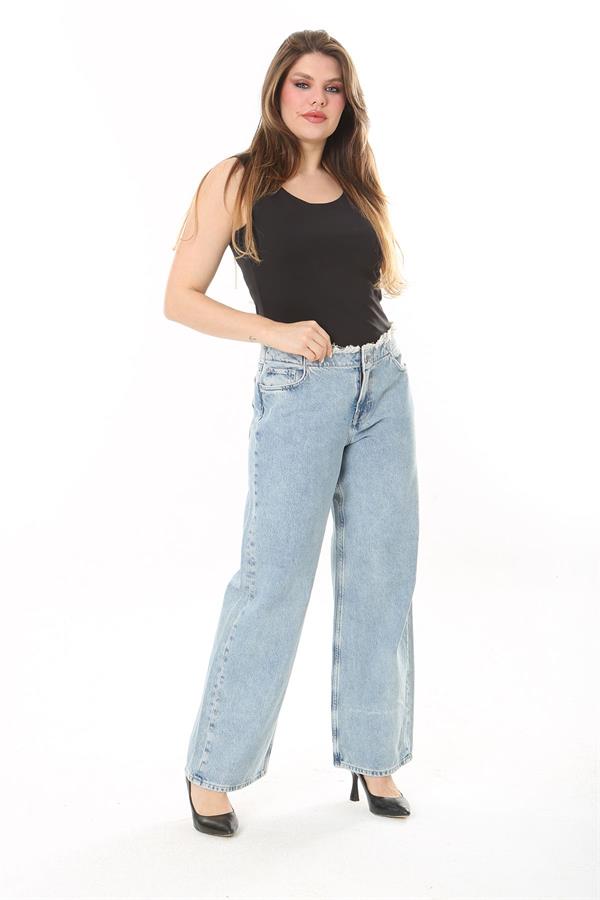 Kadın Büyük Beden Mavi Kemeri Pis Dikişli Yıkama Efektli Kot Pantolon 65N38031