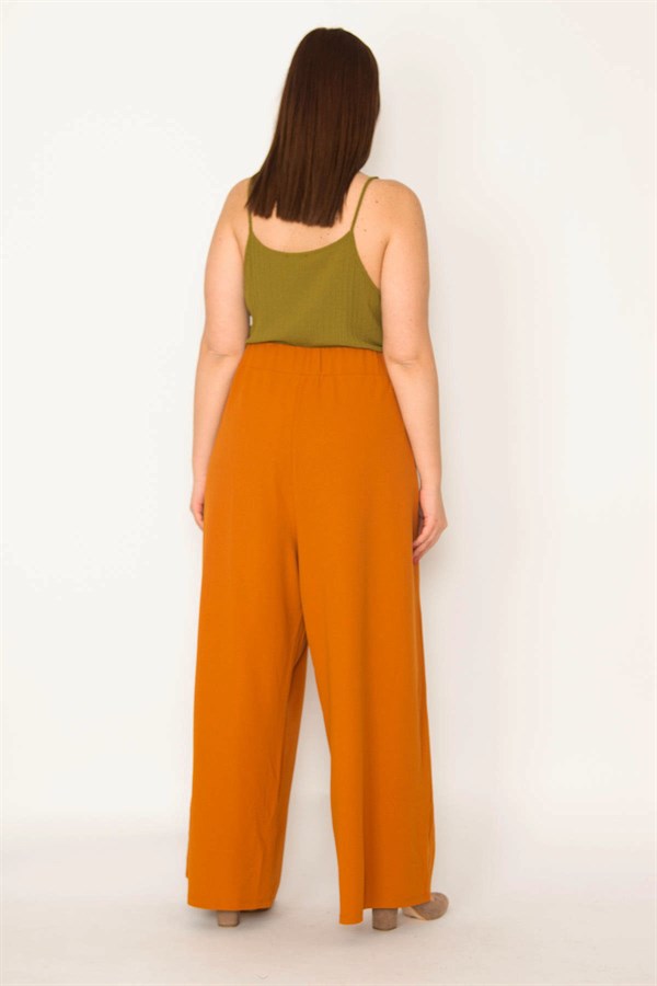 Kadın Taba Arka Kemer Lastikli Geniş Paçalı Krep Kumaş Pantolon 65N35411