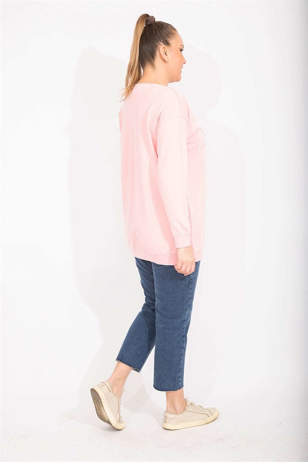 Kadın Pembe Pamuklu Kumaş Taş Ve Baskı Detaylı Sweatshirt 65N35482