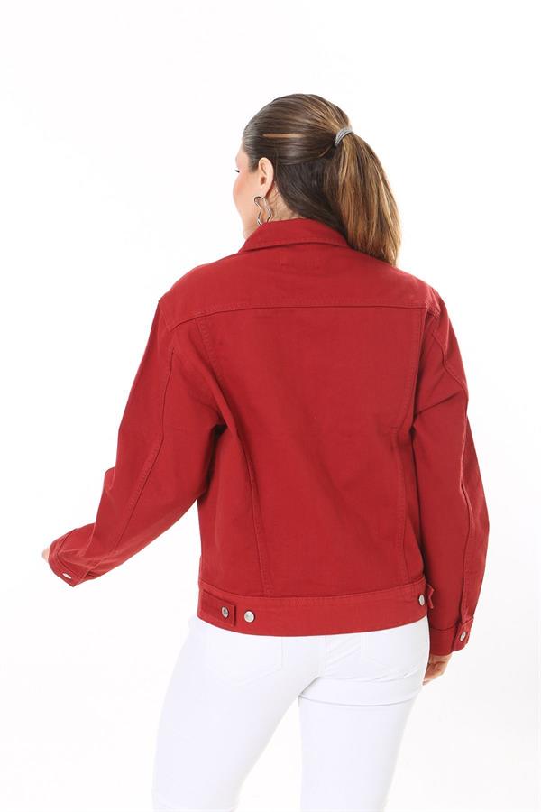 Kadın Büyük Beden Bordo Metal Düğmeli Kup Detaylı Cepli Kot Mont 65N37713