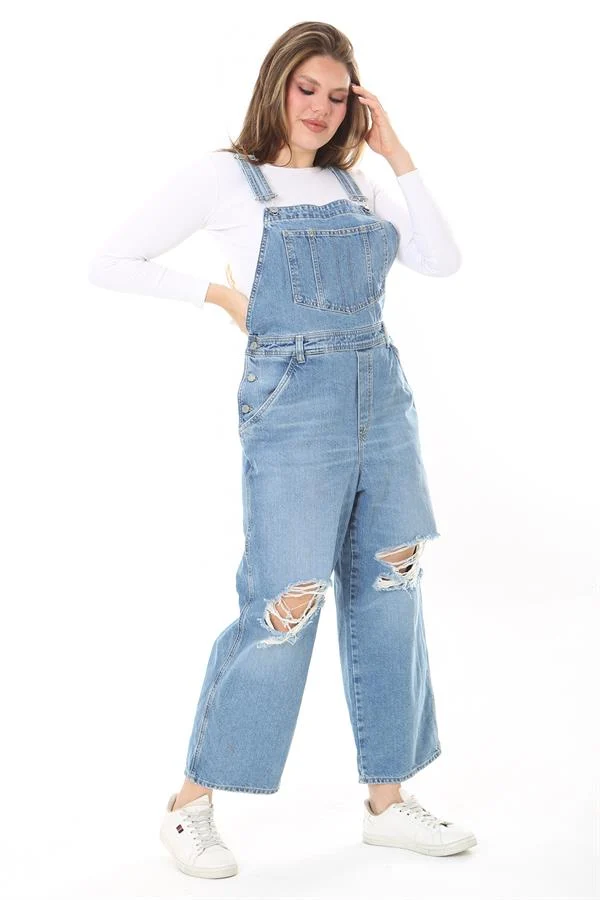 Kadın Büyük Beden Mavi Yırtık Detaylı Kot Salopet 65N37889