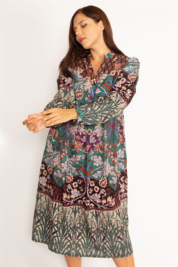 Kadın Renkli Ön Pat Düğmeli Belden Büzgülü Elbise 65N34612