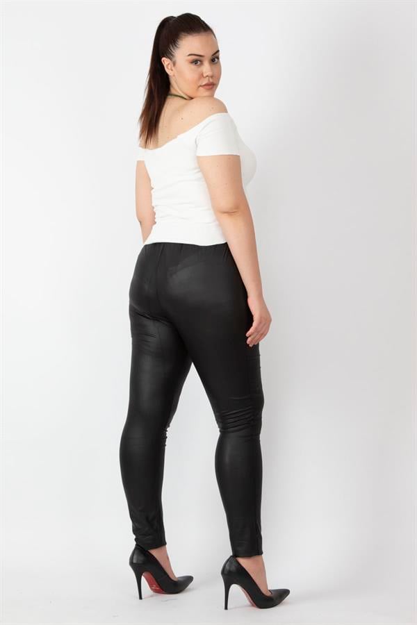 Women's Black Leather Look Elastic Waist Leggings Trousers 65N16748