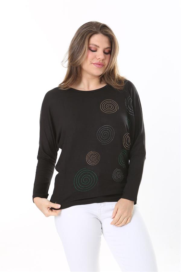 Kadın Büyük Beden Siyah Taş Detaylı Yarasa Kol Bluz 65N37805