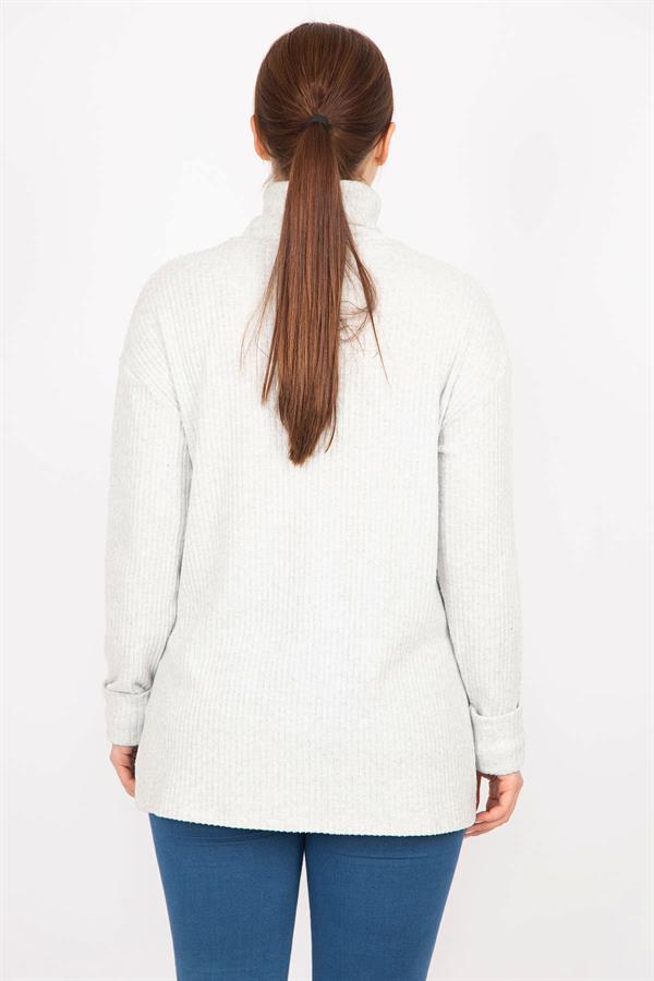 Kadın Gri Büyük Beden Boğazlı Yaka Yumoş Kumaş Kendinden Çizgili Tunik