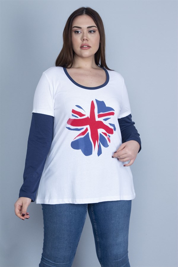 Kadın Beyaz Pamuklu Kumaş Uzun Kollu Renk Kombinli Bluz 65N27620