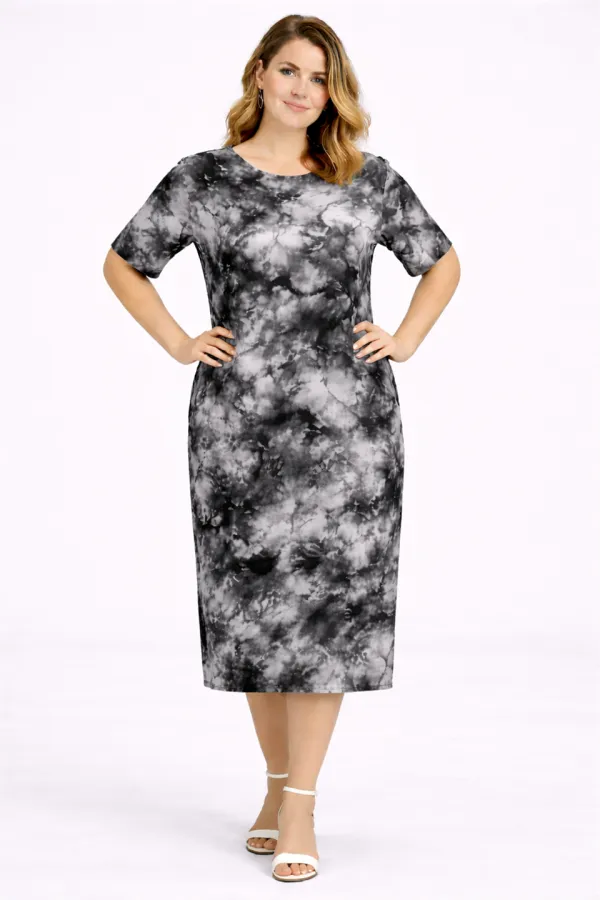 Kadın Büyük Beden Gri, Batik Desen Viskon Elbise 65N39469