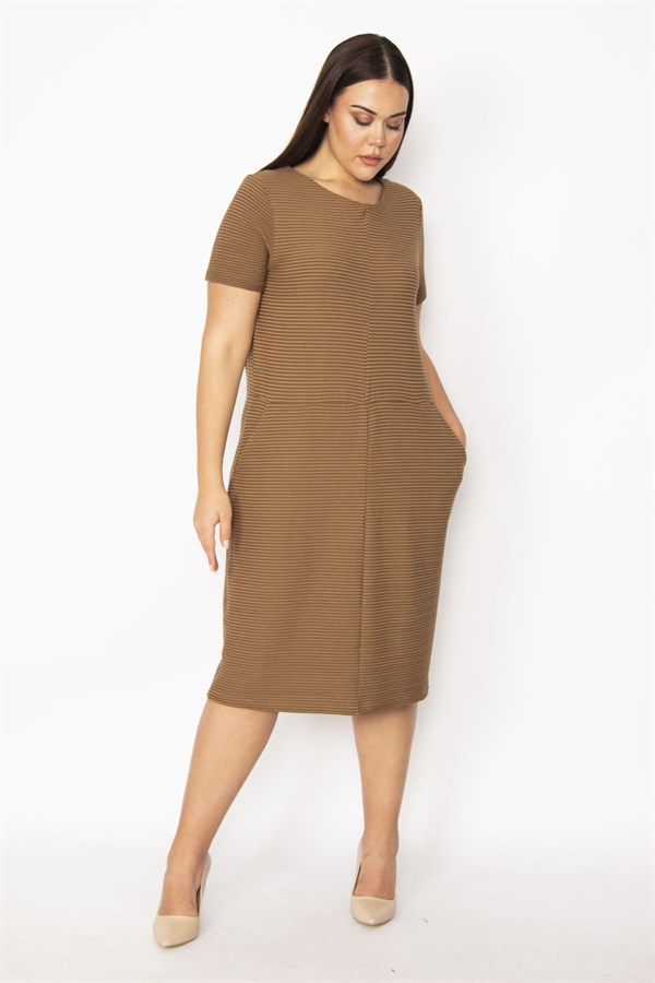 Kadın Sütlükahve Kendinden Çizgili Cepli Elbise 65N29922
