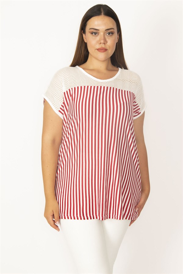 Kadın Kırmızı Ön Robası Dantel Detaylı Düşük Kollu Çizgili Bluz 65N27394
