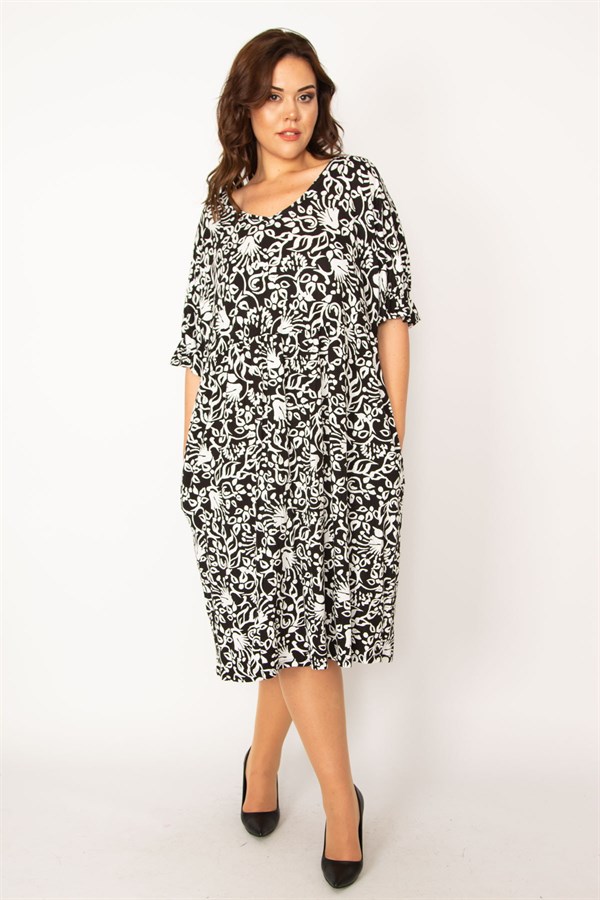 Kadın Siyah V Yaka Bel Ve Kol Ağzı Gipe Lastikli Cepli Rahat Kesim Elbise 65N33461